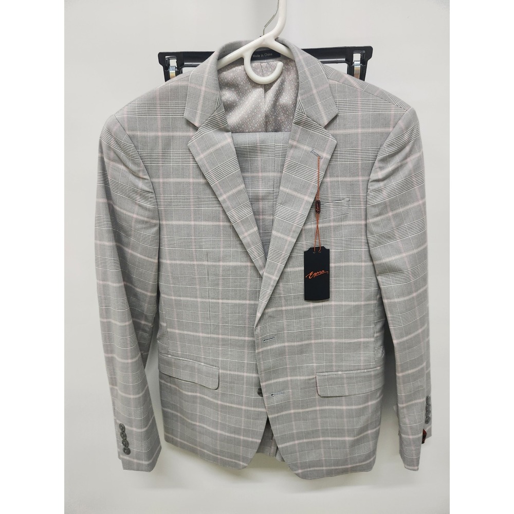 NWT Egara Men Skinny Fit Grey Pink Plaid Suit